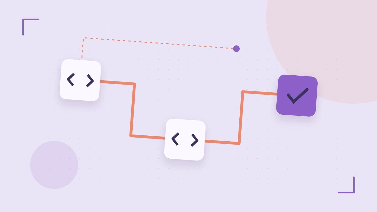 Editorial illustration of a branching build pipeline, staged transformations and a completed check
