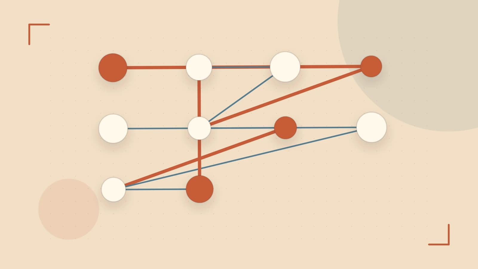 Editorial illustration of an algorithmic node graph with branching paths and a highlighted result