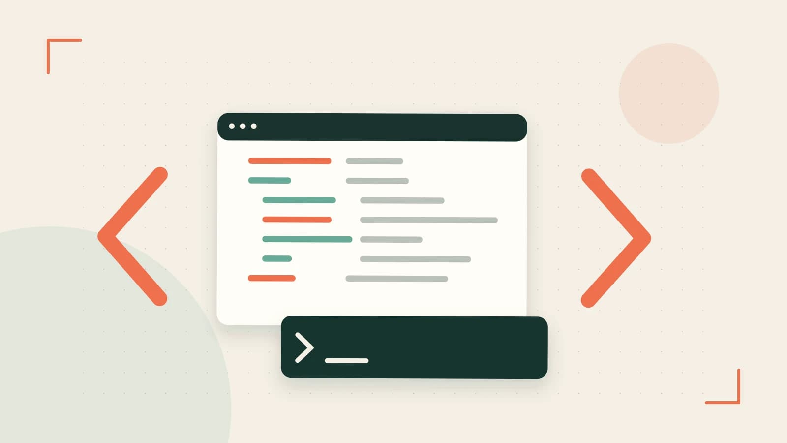 Editorial illustration of an abstract code editor, syntax blocks and oversized programming brackets