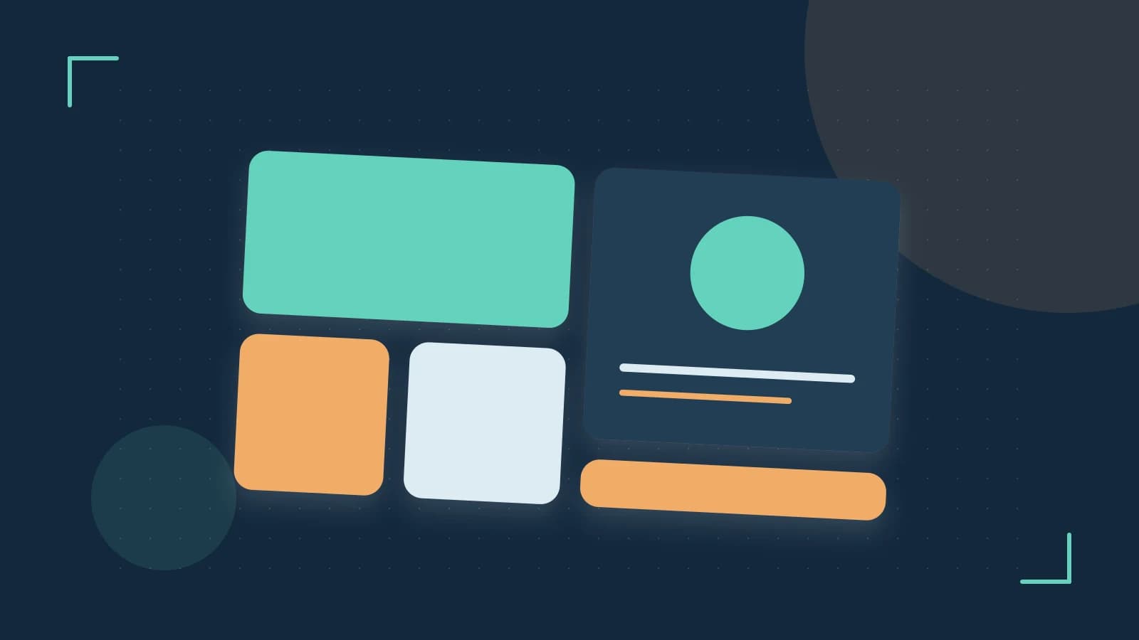 Editorial illustration of responsive browser layouts, overlapping design components and a color system