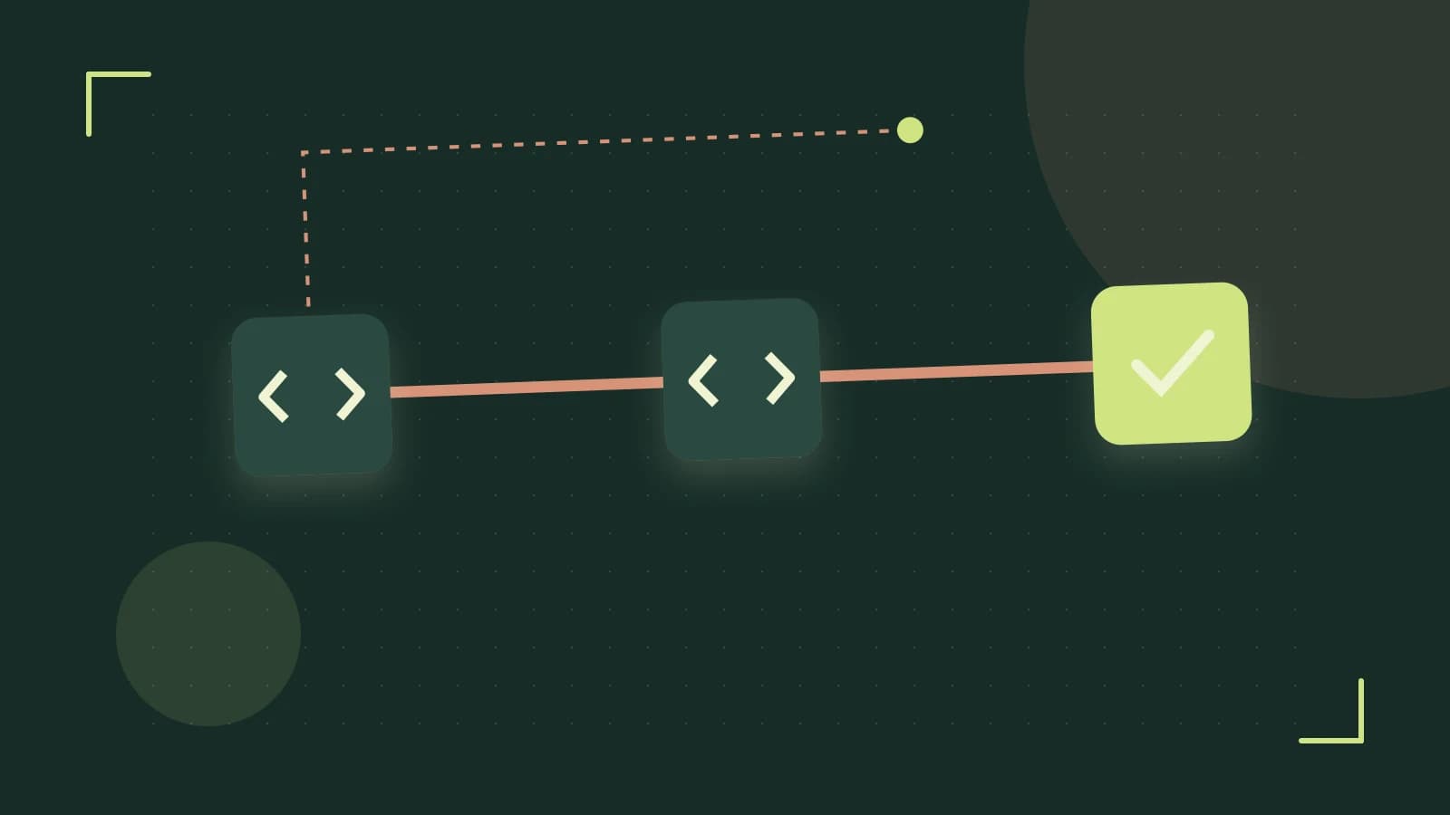 Editorial illustration of a branching build pipeline, staged transformations and a completed check