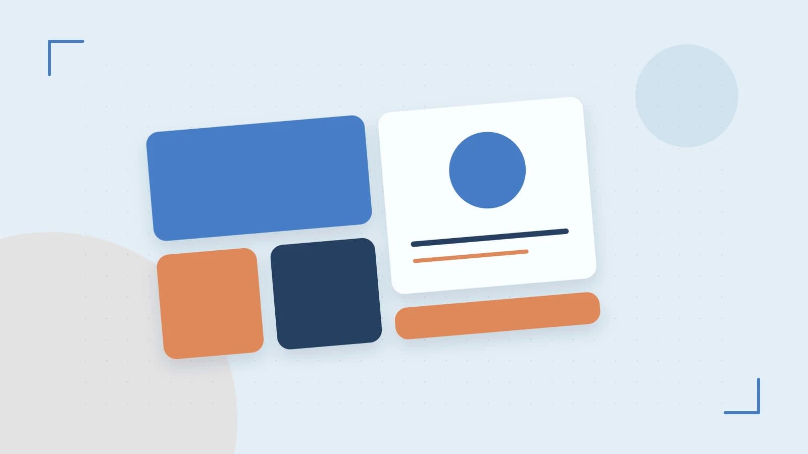 Editorial illustration of responsive browser layouts, overlapping design components and a color system