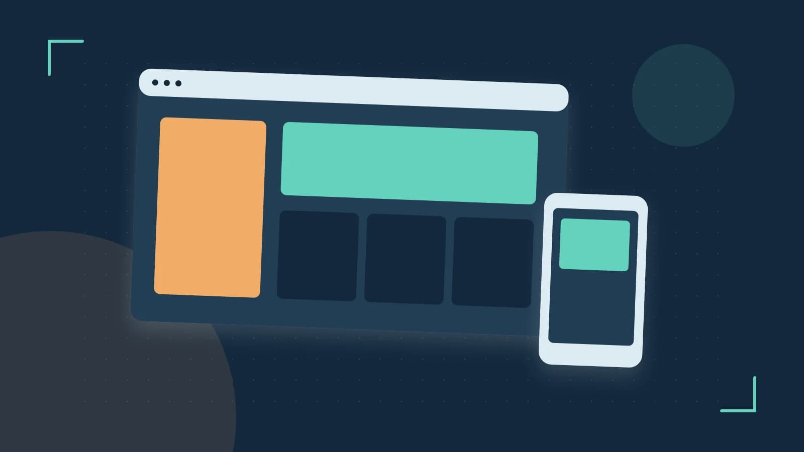 Editorial illustration of responsive browser layouts, overlapping design components and a color system