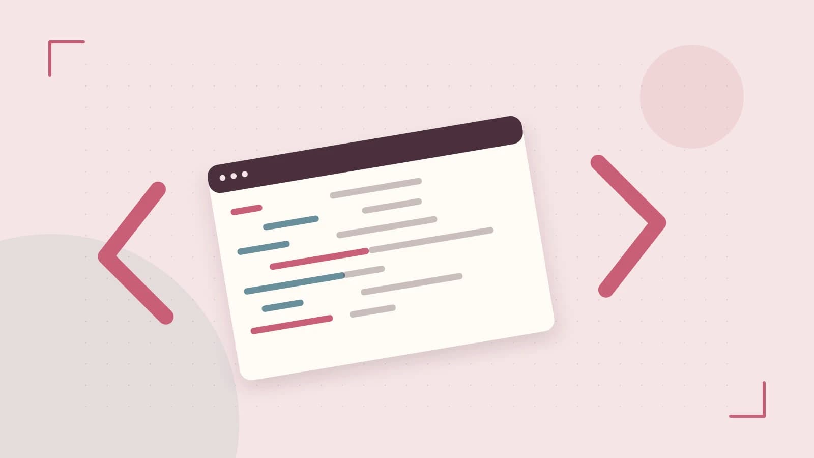 Editorial illustration of an abstract code editor, syntax blocks and oversized programming brackets