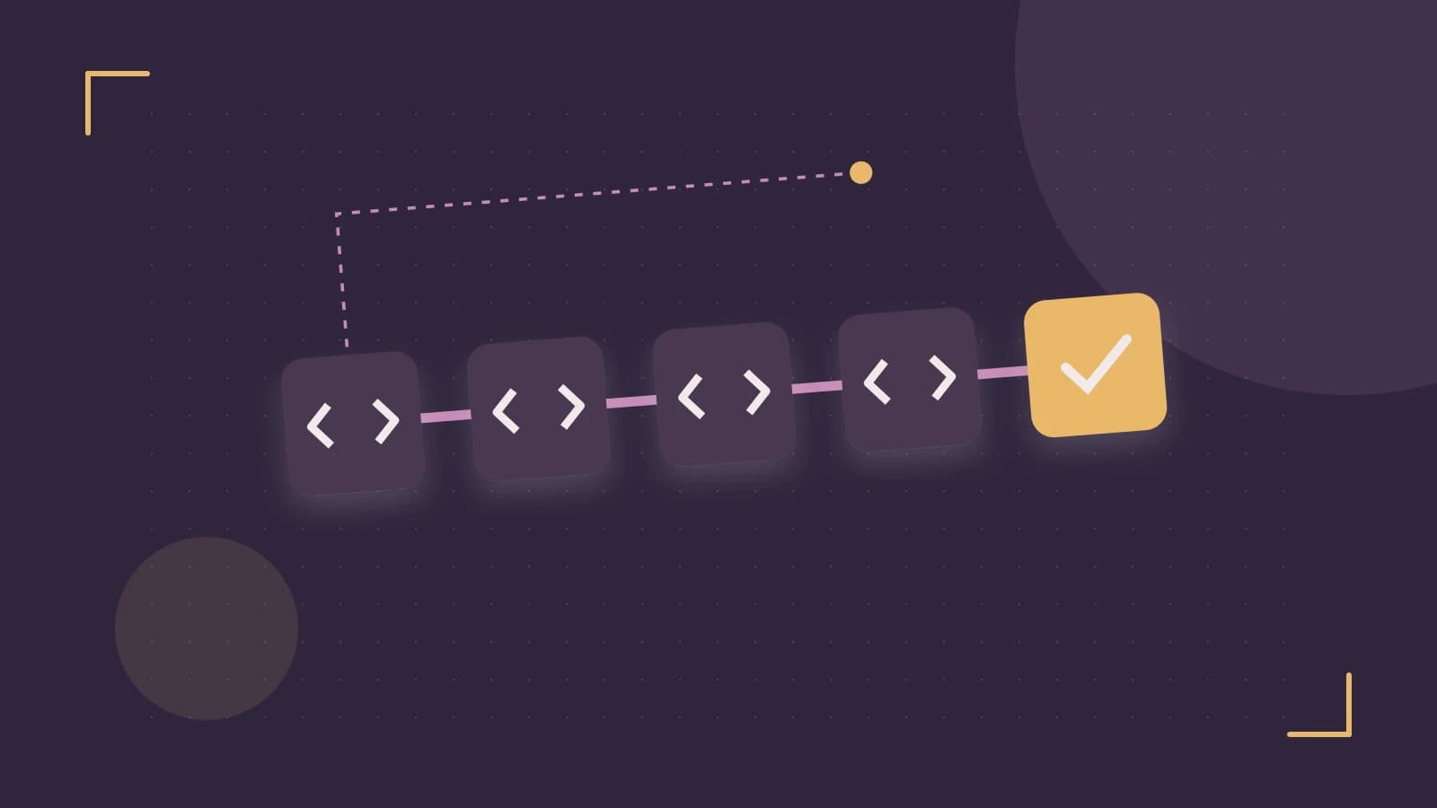 Editorial illustration of a branching build pipeline, staged transformations and a completed check