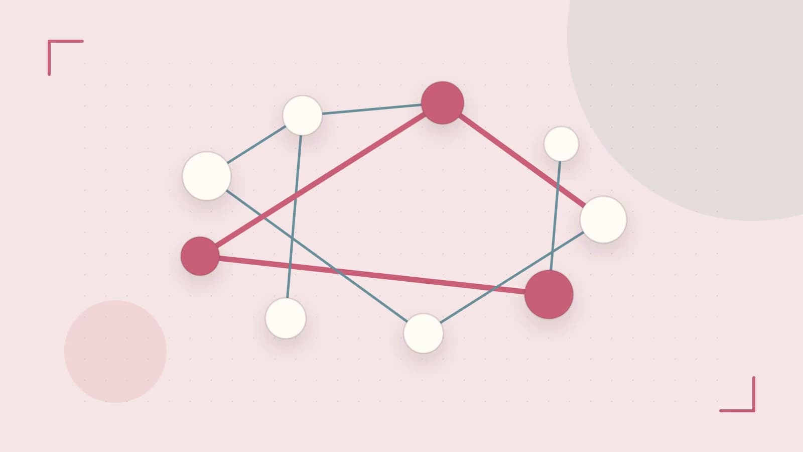Editorial illustration of an algorithmic node graph with branching paths and a highlighted result