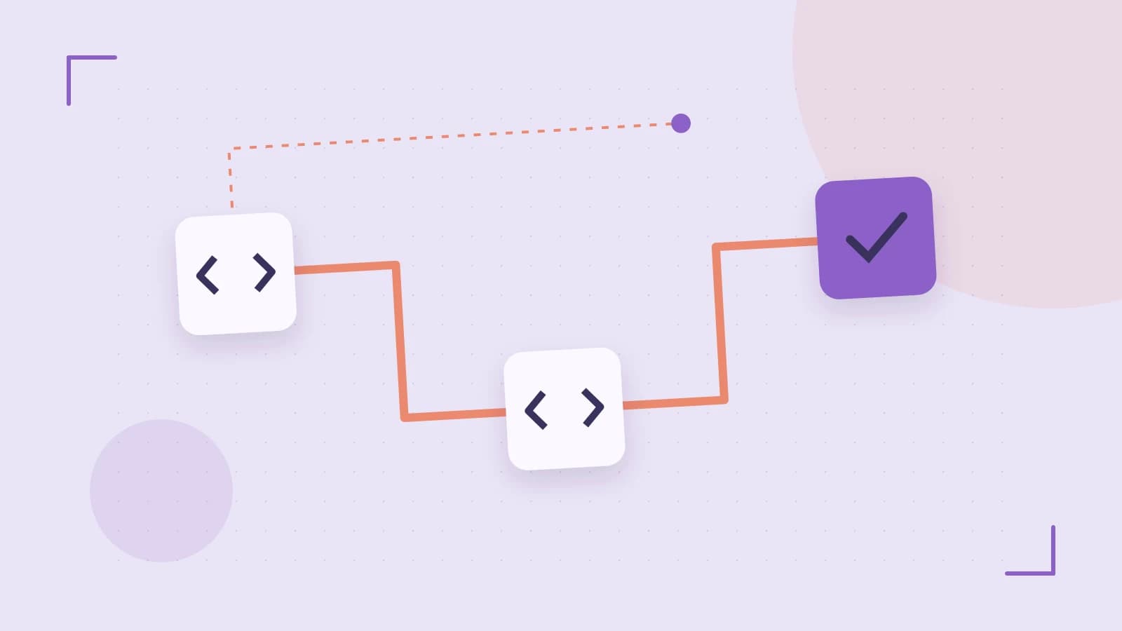 Editorial illustration of a branching build pipeline, staged transformations and a completed check