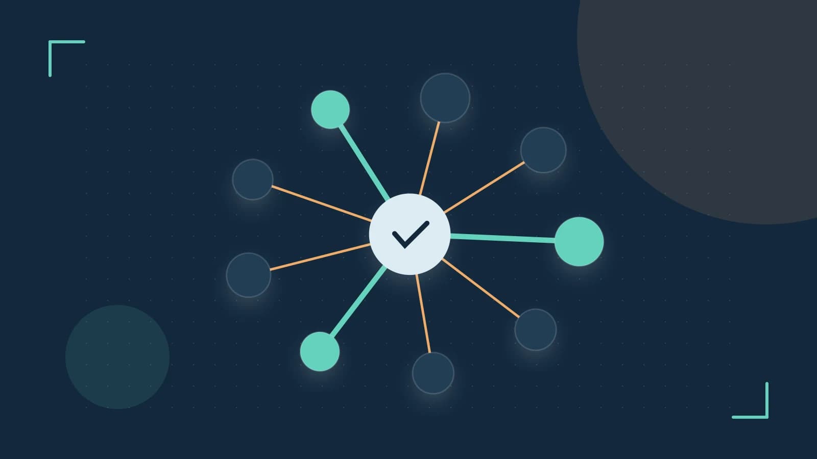 Editorial illustration of an algorithmic node graph with branching paths and a highlighted result