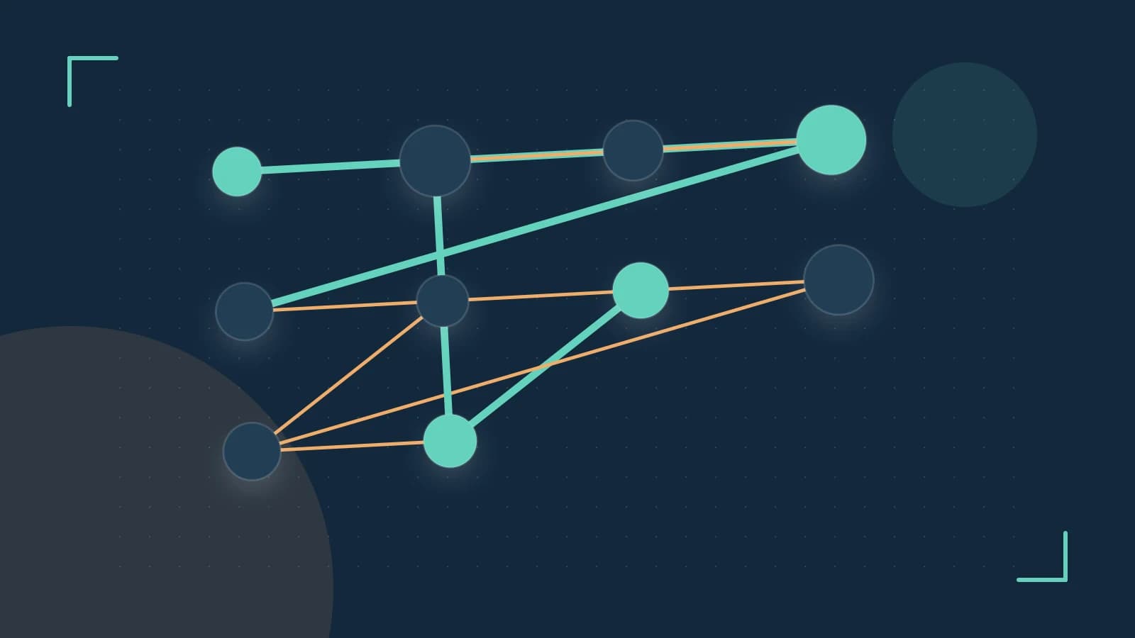 Editorial illustration of an algorithmic node graph with branching paths and a highlighted result