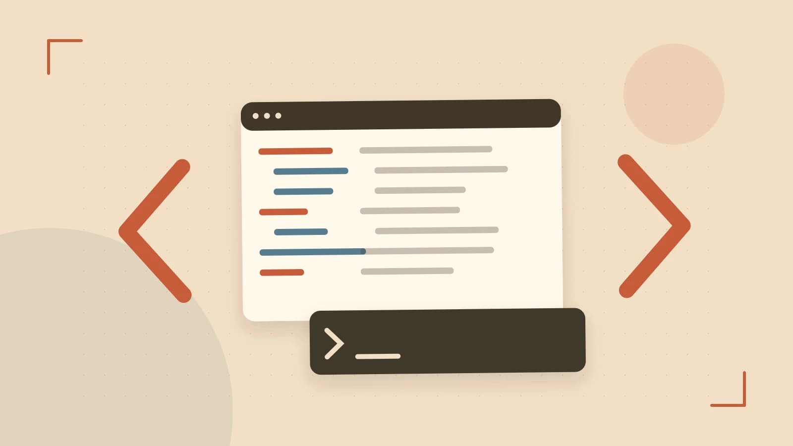 Editorial illustration of an abstract code editor, syntax blocks and oversized programming brackets