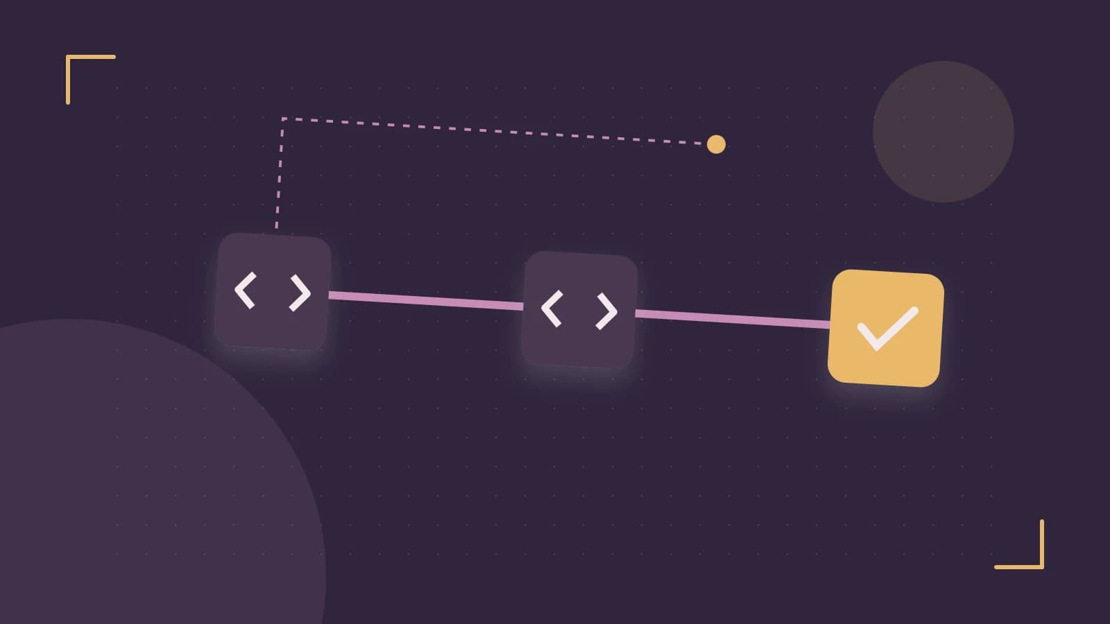 Editorial illustration of a branching build pipeline, staged transformations and a completed check