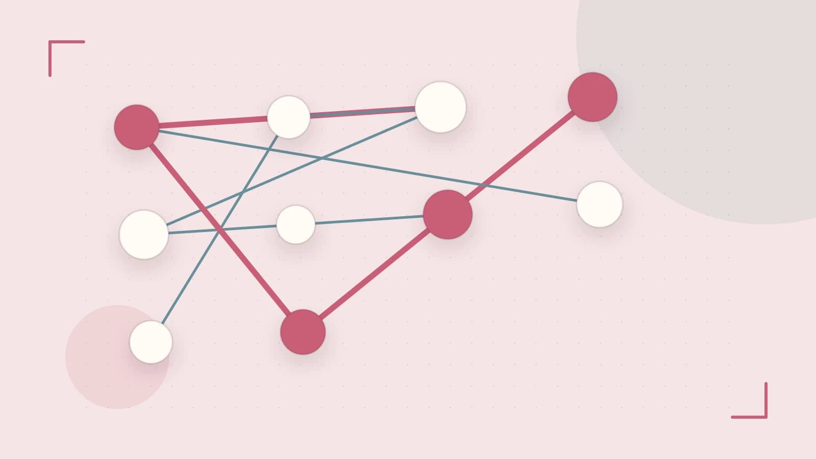 Editorial illustration of an algorithmic node graph with branching paths and a highlighted result