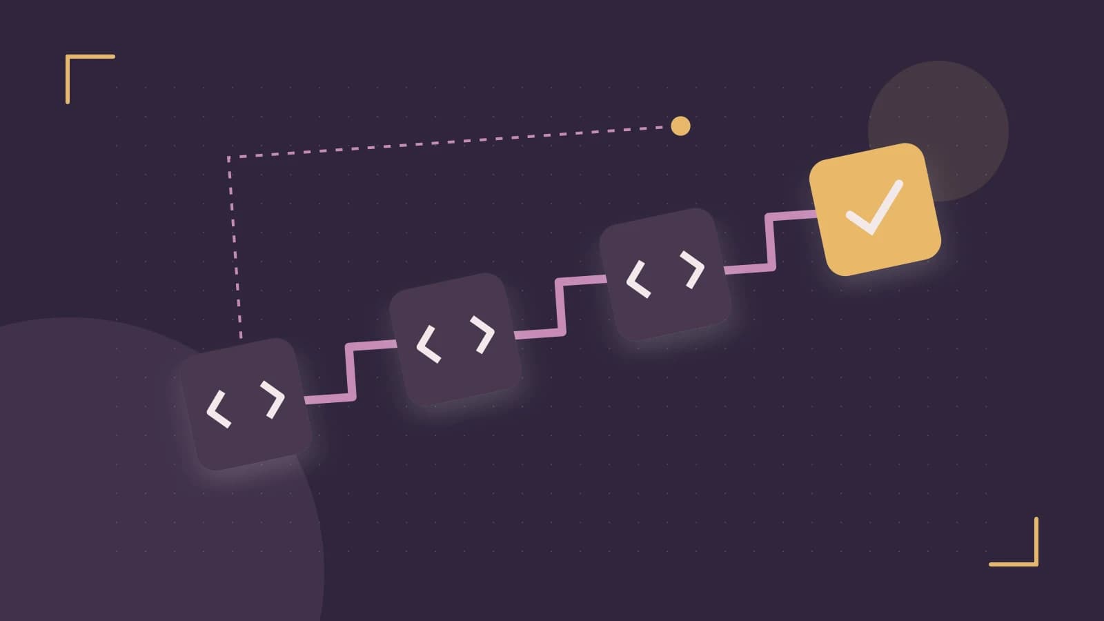 Editorial illustration of a branching build pipeline, staged transformations and a completed check