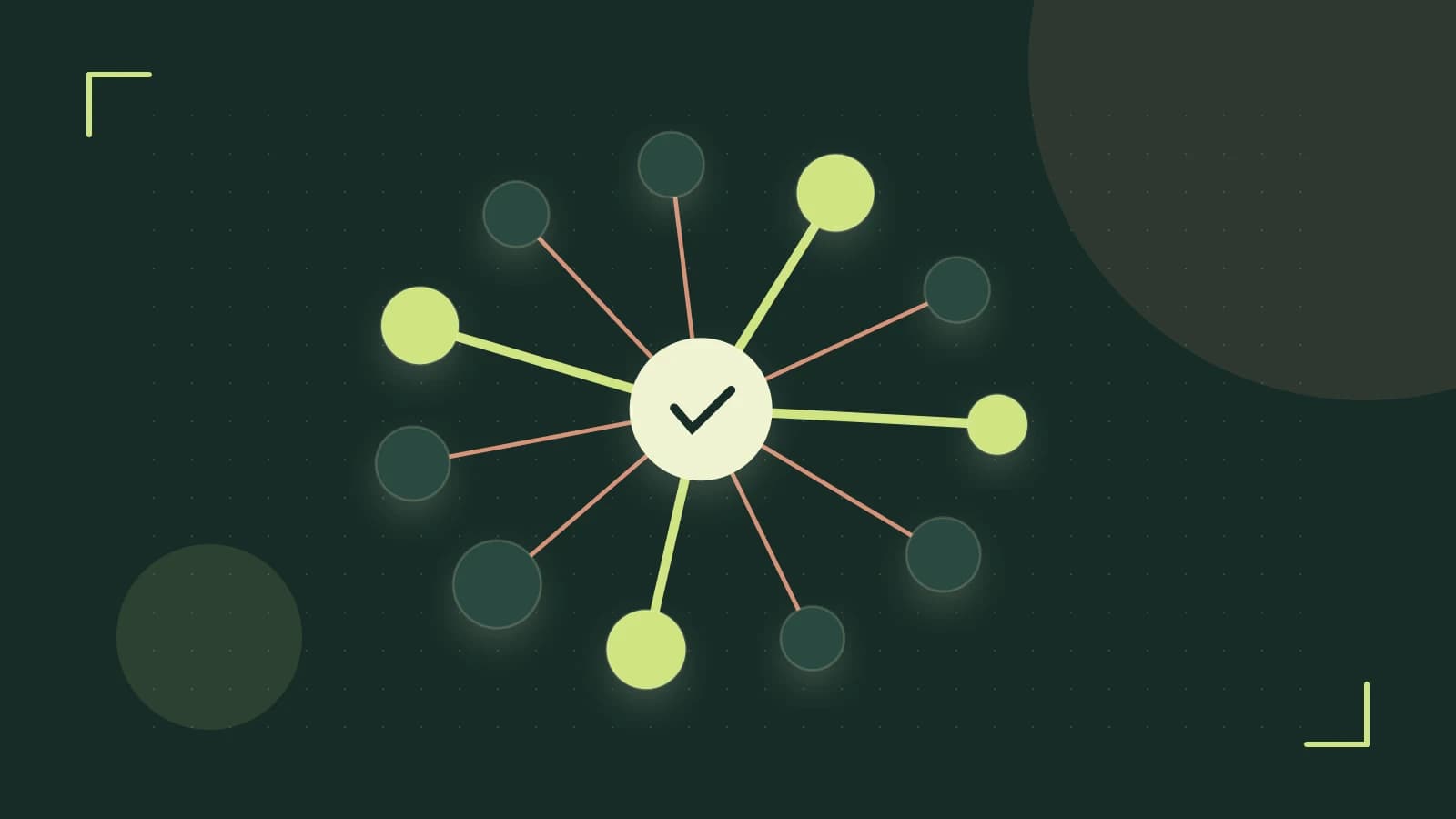 Editorial illustration of an algorithmic node graph with branching paths and a highlighted result