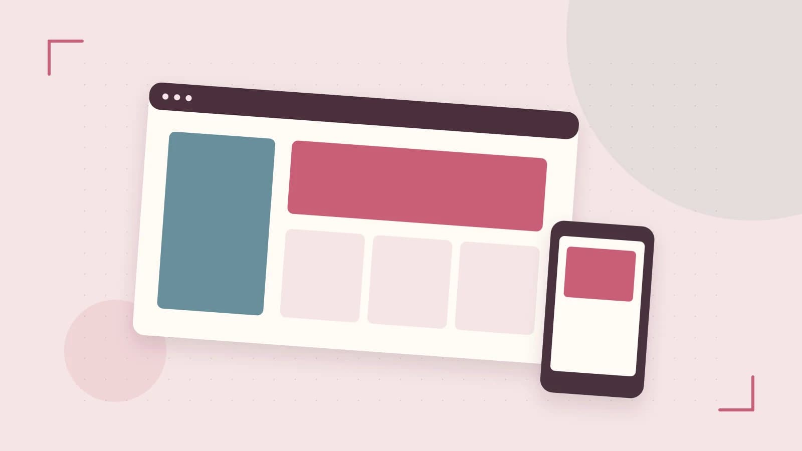 Editorial illustration of responsive browser layouts, overlapping design components and a color system