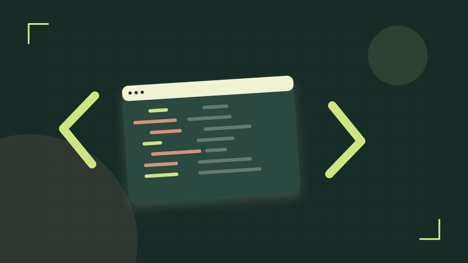 Editorial illustration of an abstract code editor, syntax blocks and oversized programming brackets