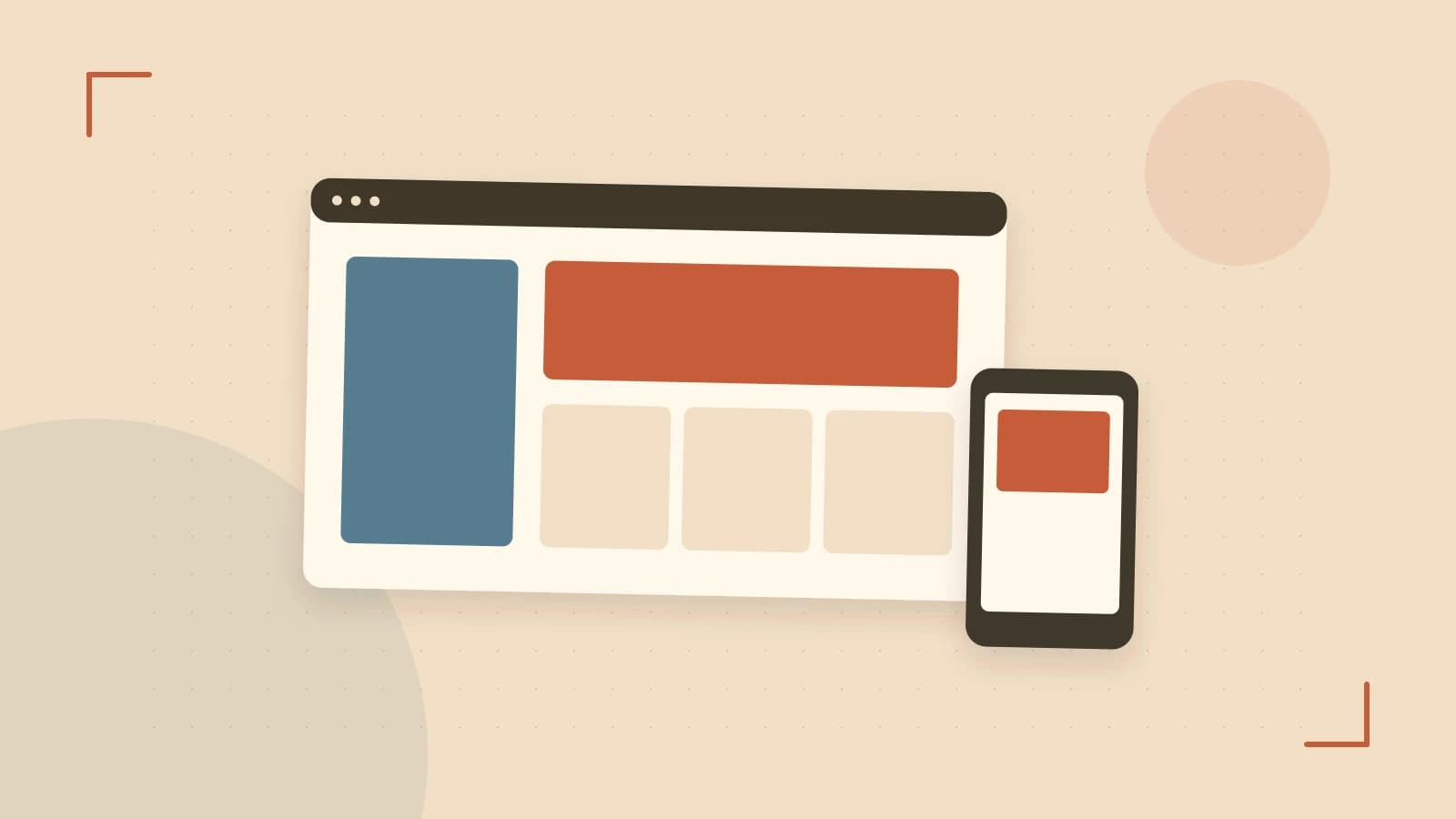 Editorial illustration of responsive browser layouts, overlapping design components and a color system