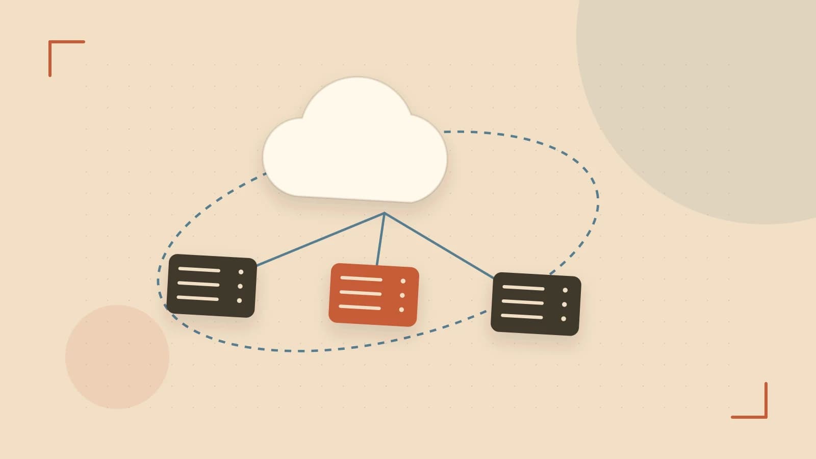 Editorial illustration of cloud infrastructure, connected server racks and an orbital service map