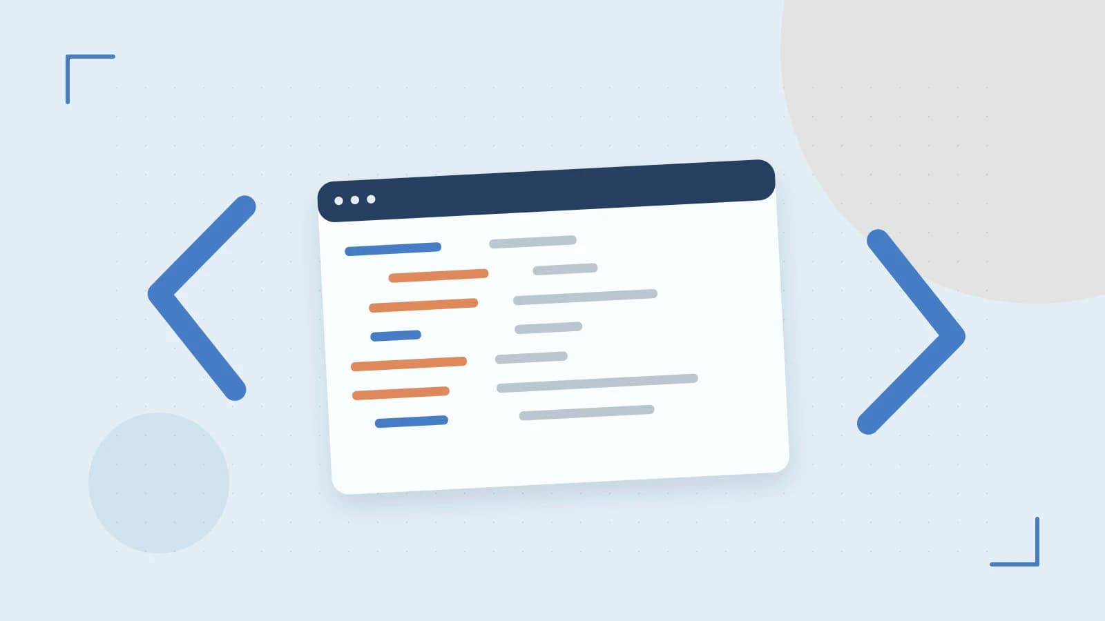 Editorial illustration of an abstract code editor, syntax blocks and oversized programming brackets