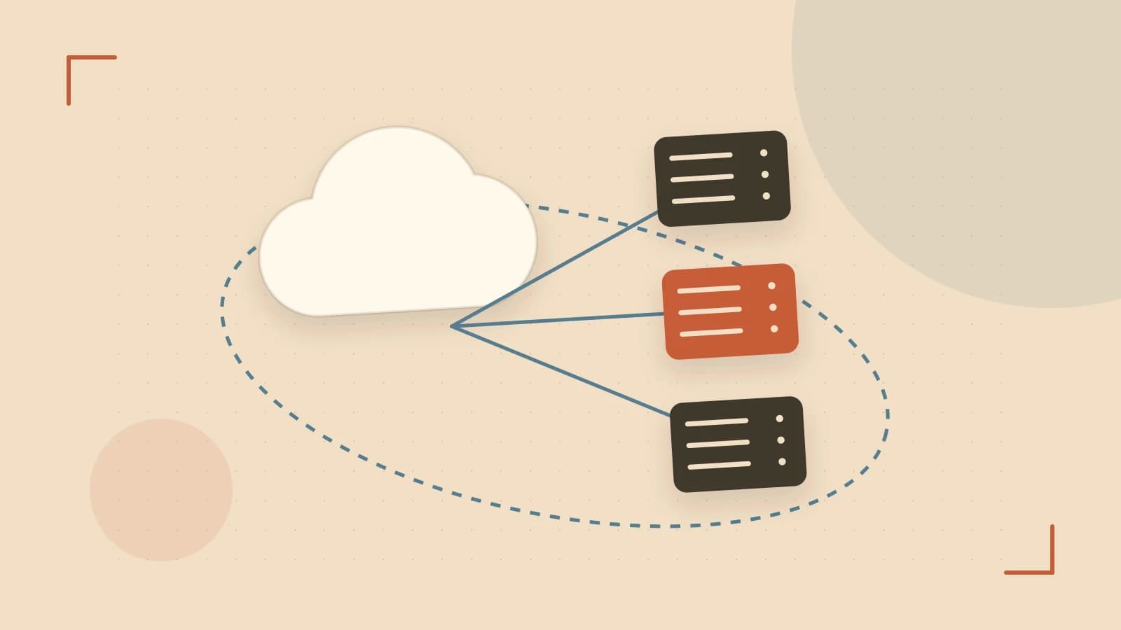Editorial illustration of cloud infrastructure, connected server racks and an orbital service map