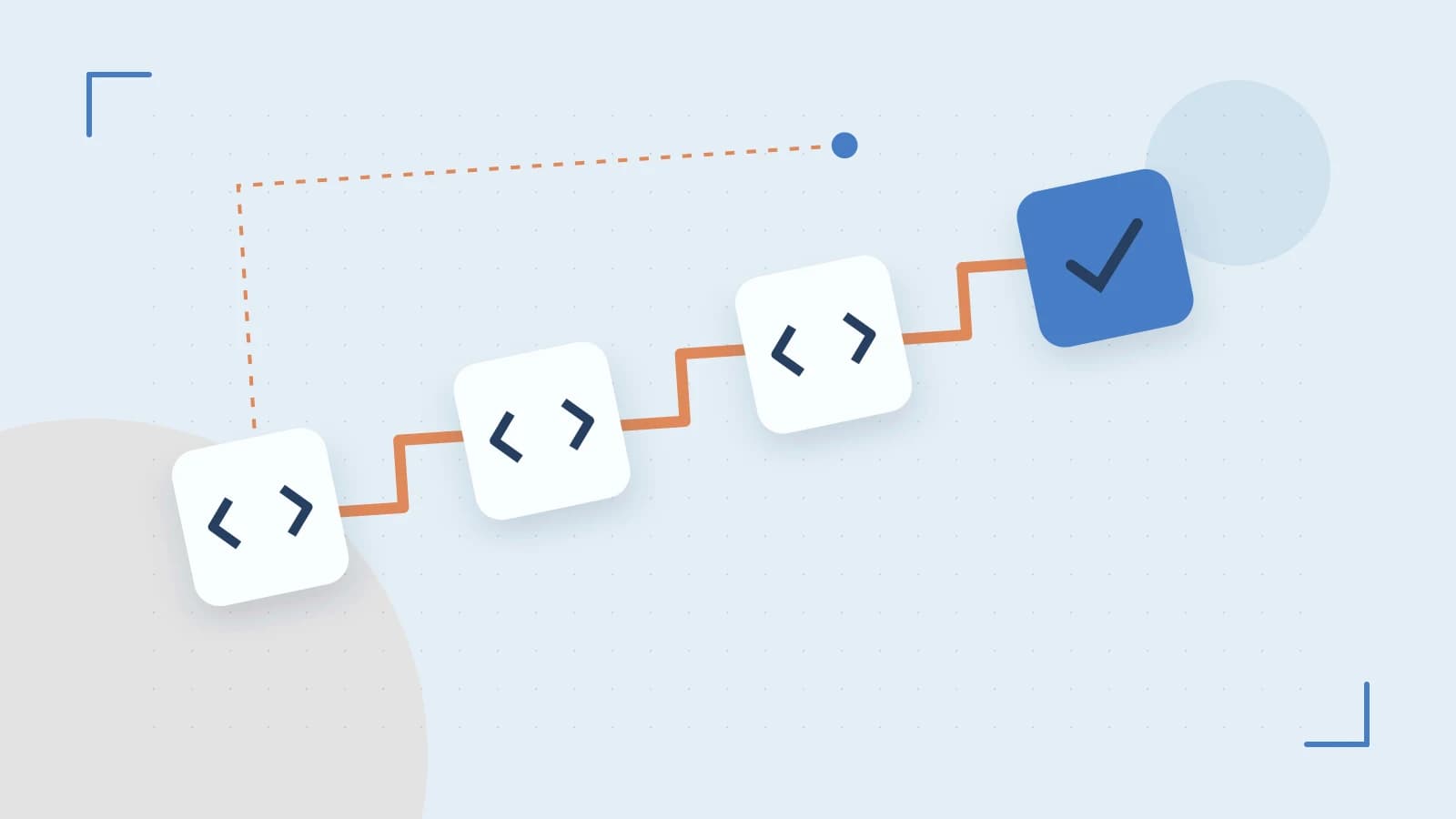 Editorial illustration of a branching build pipeline, staged transformations and a completed check