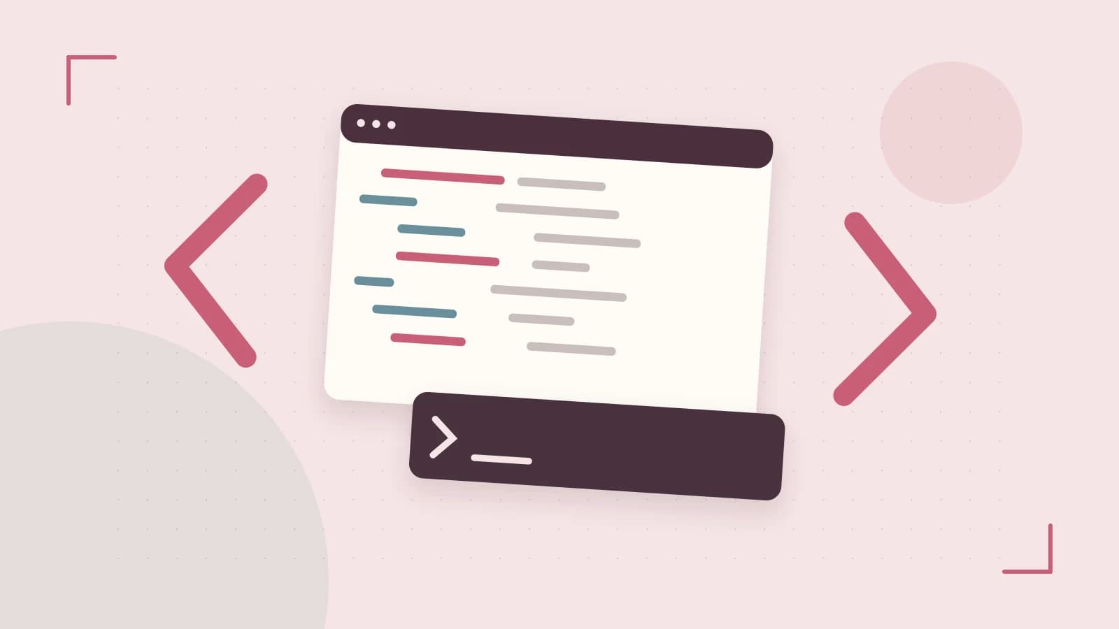 Editorial illustration of an abstract code editor, syntax blocks and oversized programming brackets