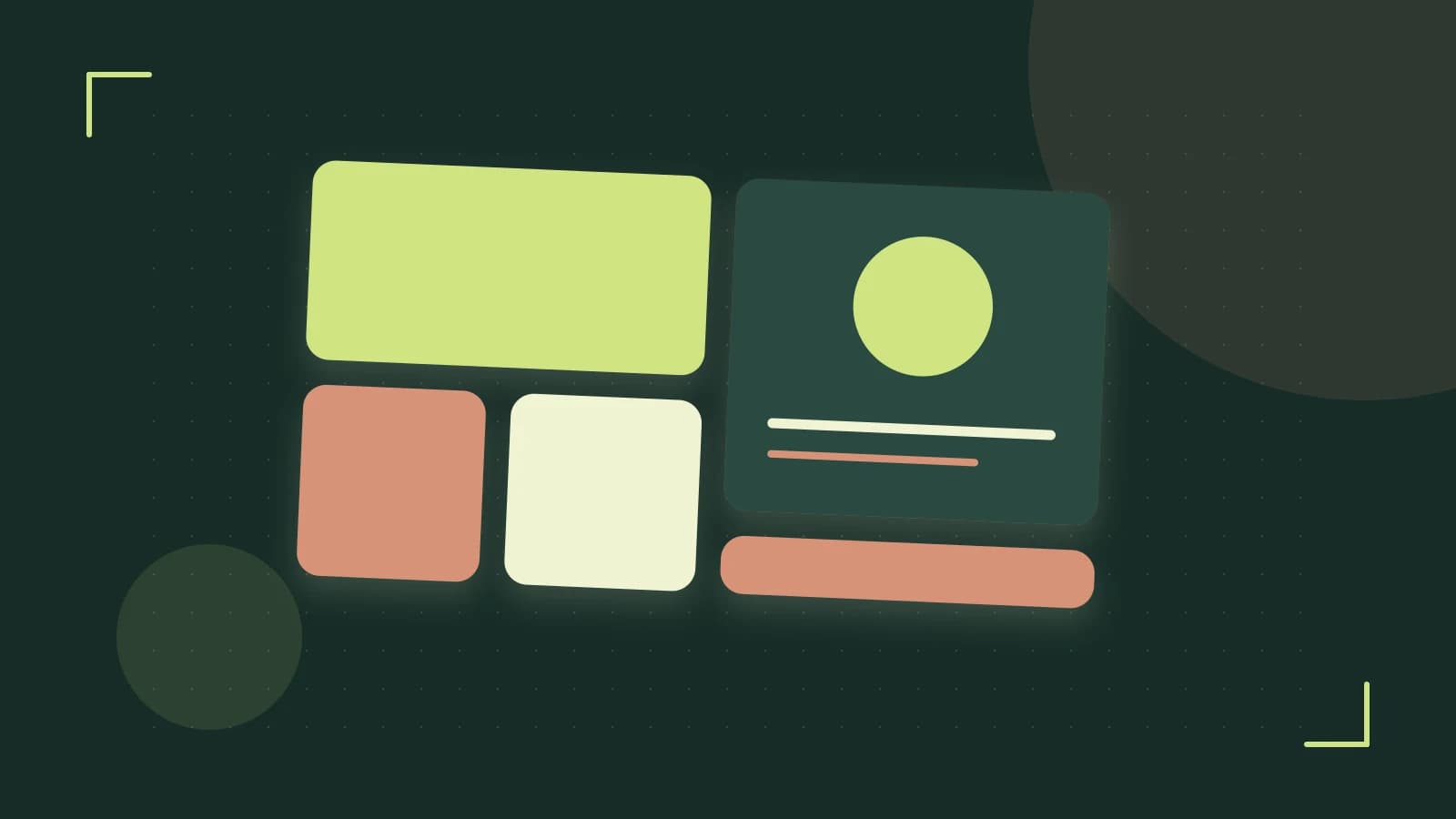 Editorial illustration of responsive browser layouts, overlapping design components and a color system