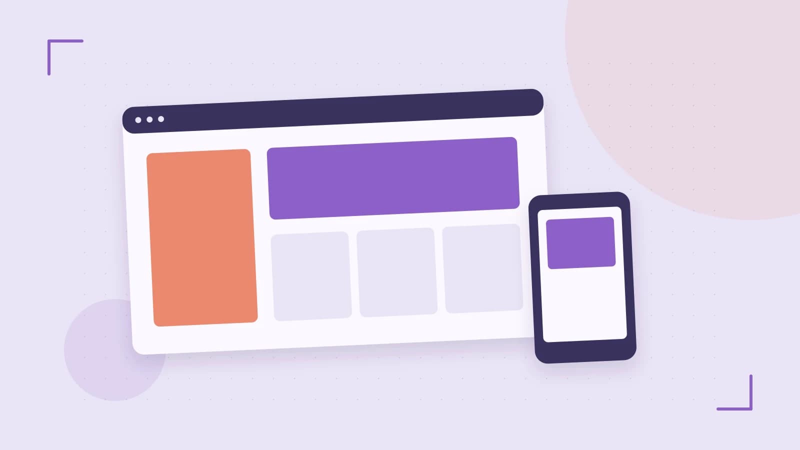 Editorial illustration of responsive browser layouts, overlapping design components and a color system