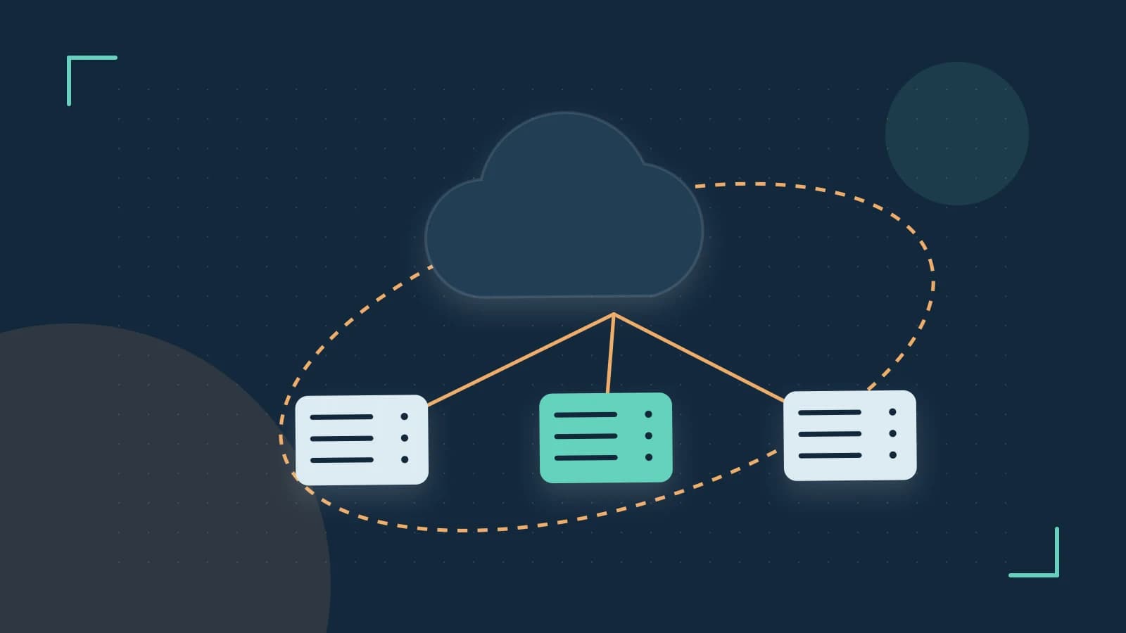 Editorial illustration of cloud infrastructure, connected server racks and an orbital service map