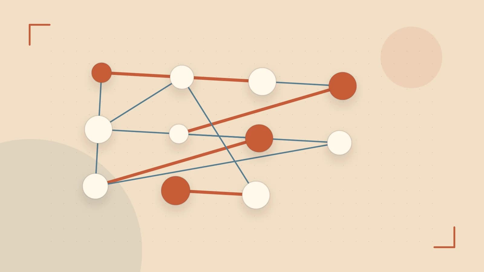 Editorial illustration of an algorithmic node graph with branching paths and a highlighted result