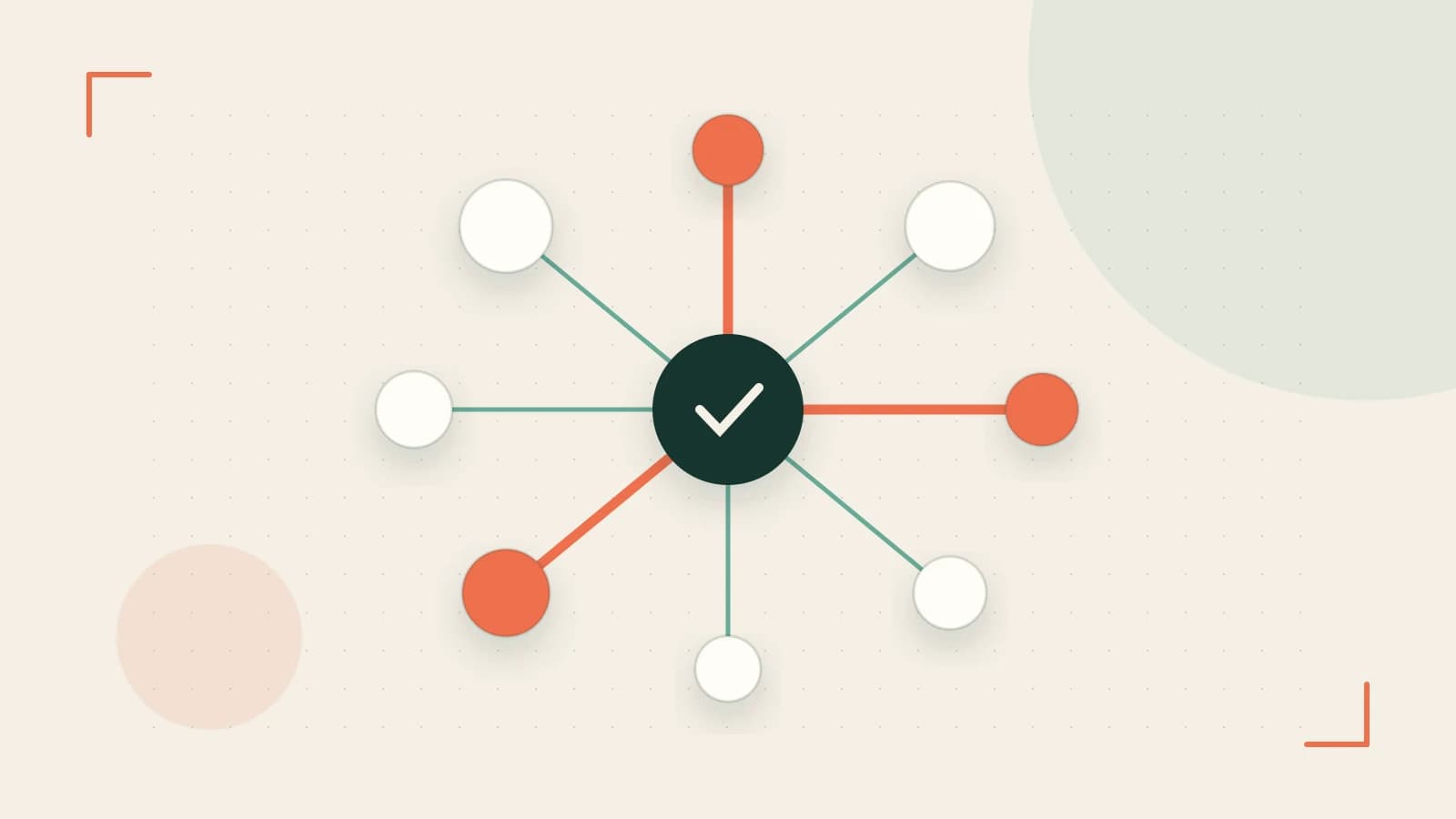Editorial illustration of an algorithmic node graph with branching paths and a highlighted result