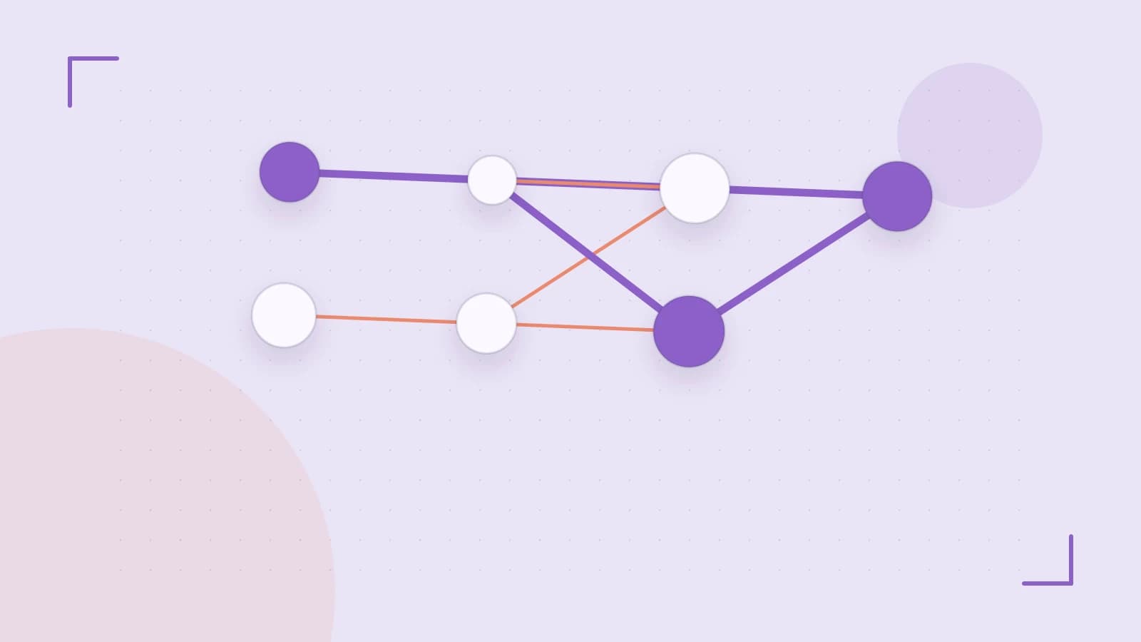 Editorial illustration of an algorithmic node graph with branching paths and a highlighted result