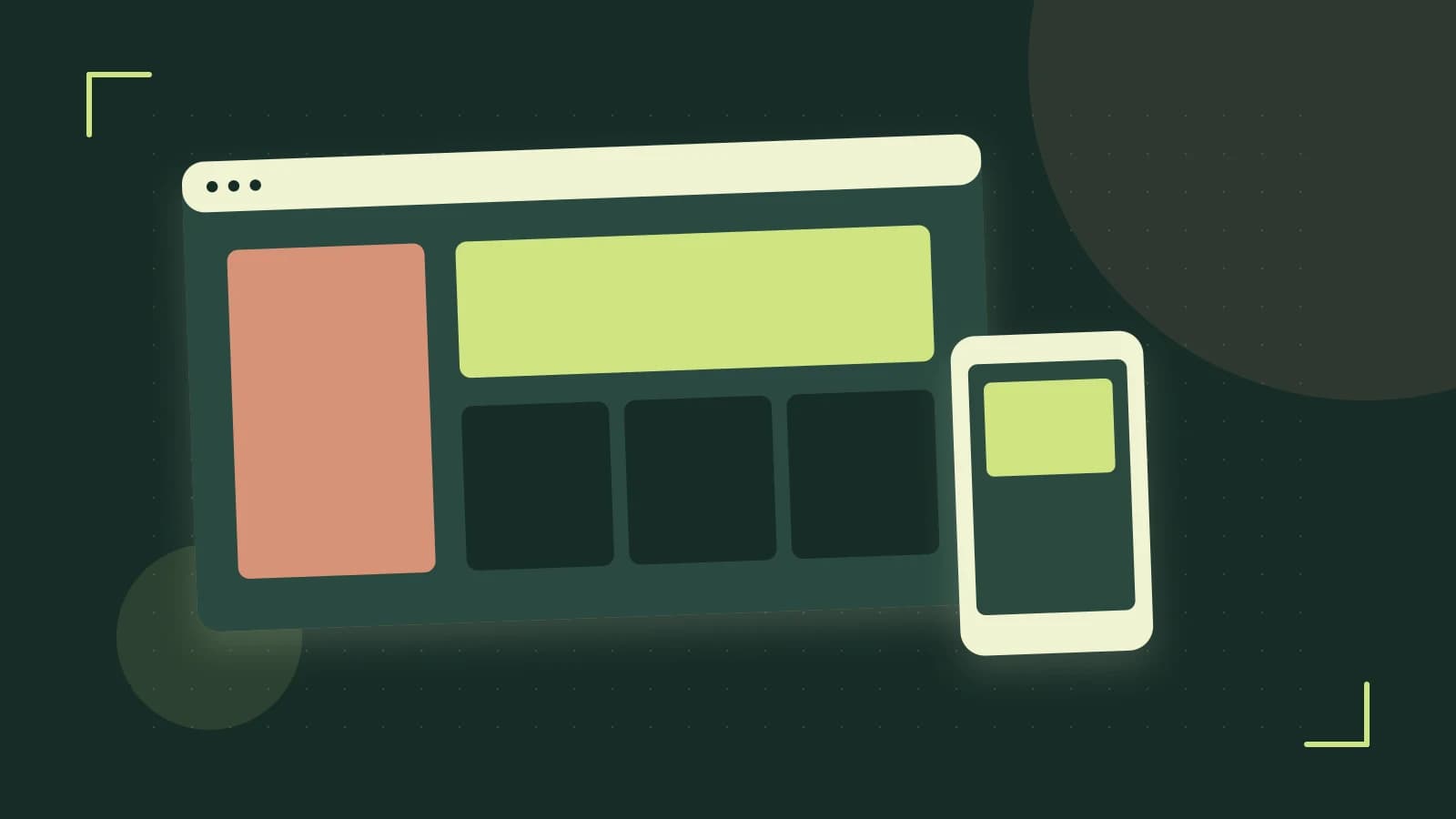 Editorial illustration of responsive browser layouts, overlapping design components and a color system