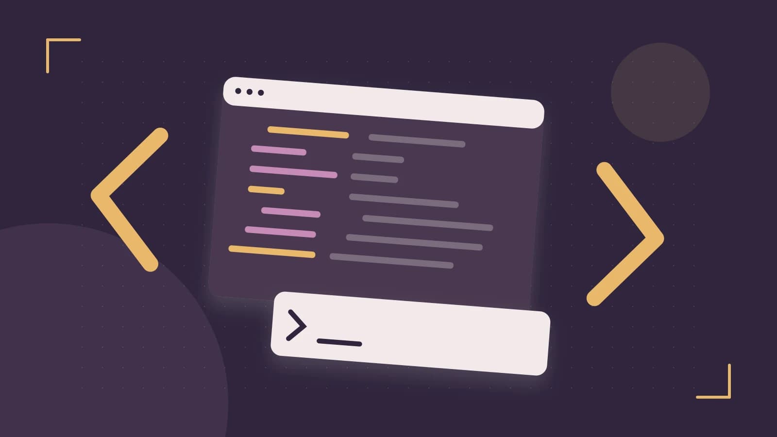 Editorial illustration of an abstract code editor, syntax blocks and oversized programming brackets