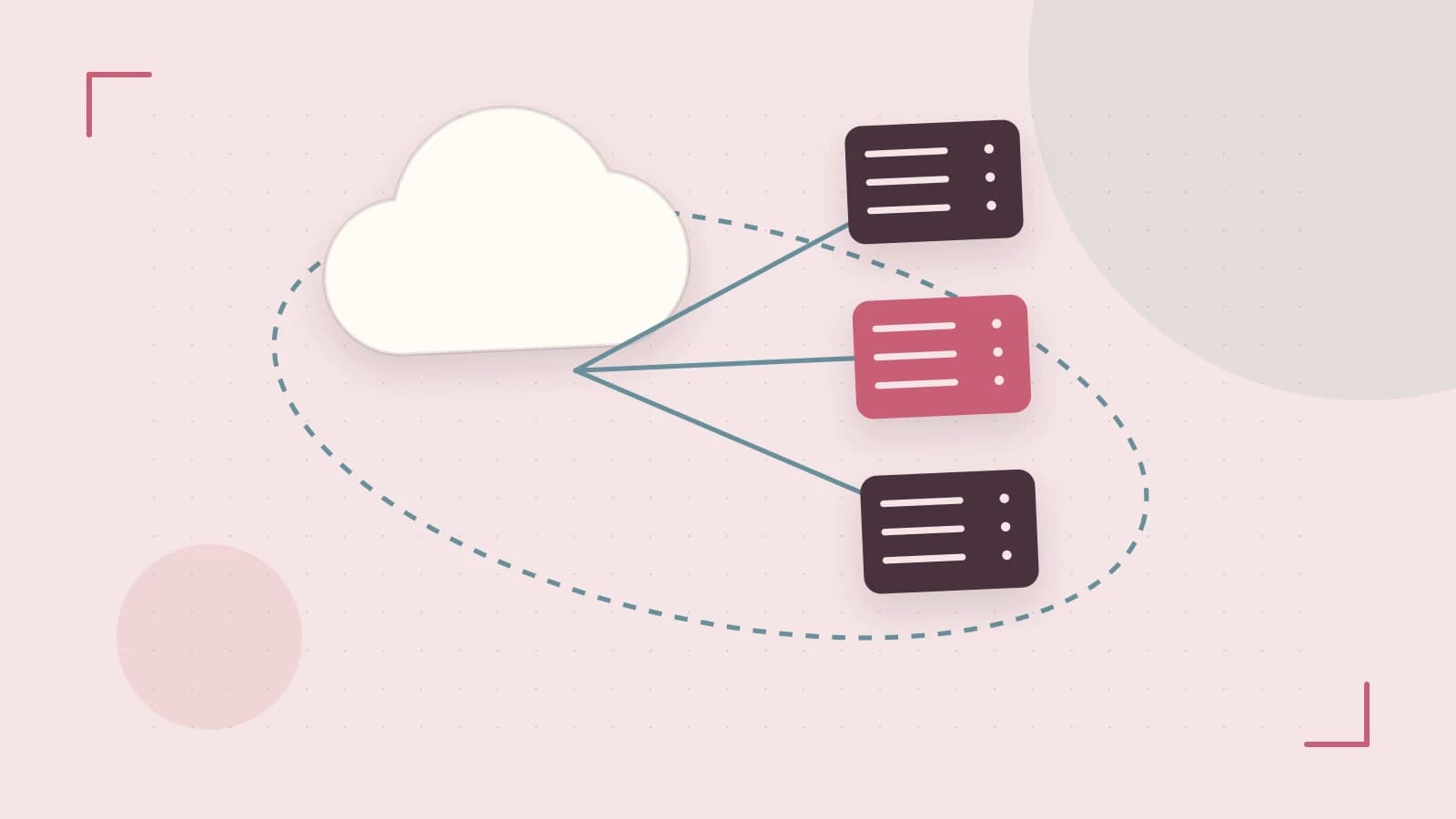 Editorial illustration of cloud infrastructure, connected server racks and an orbital service map