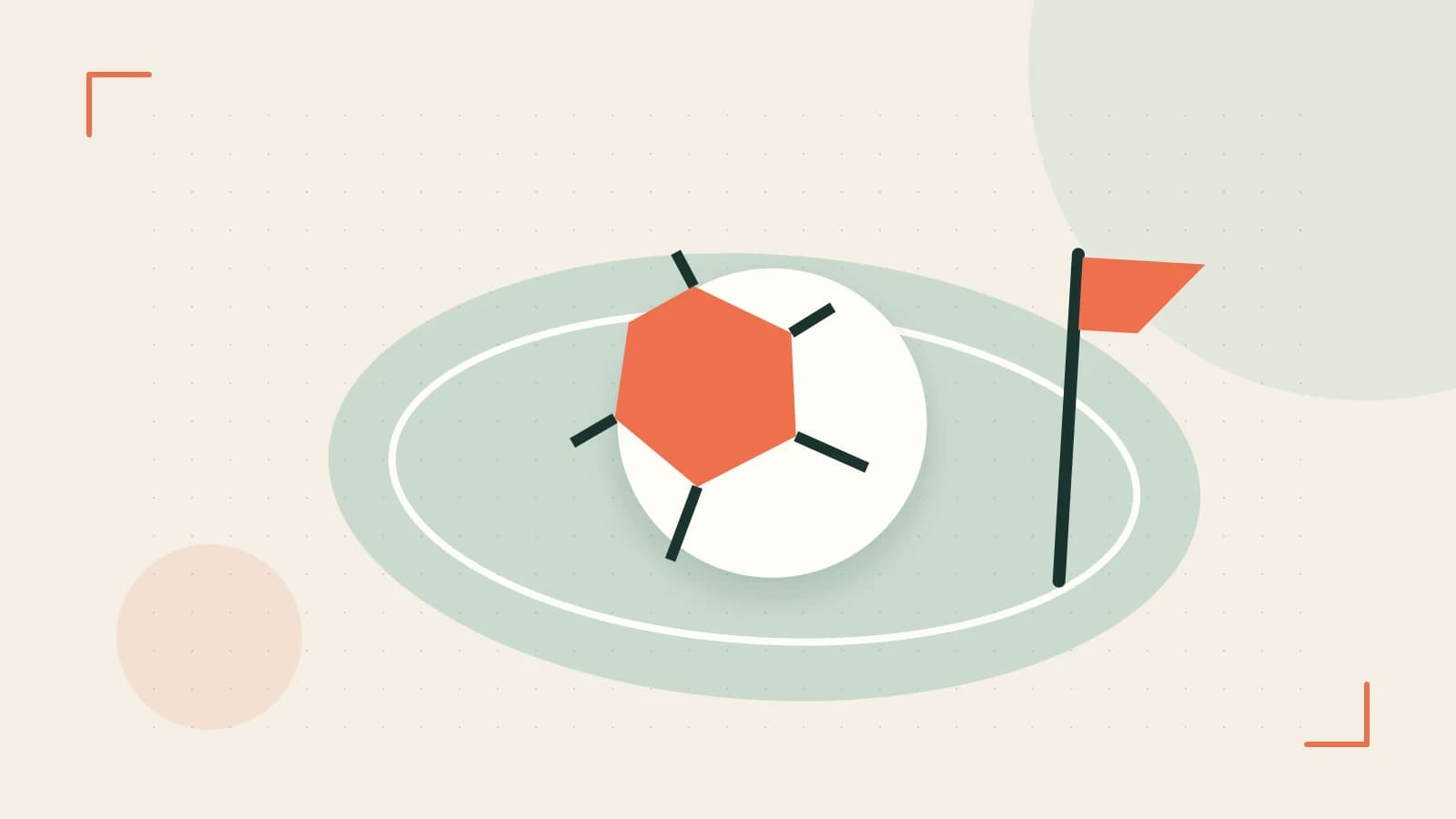 Editorial illustration of a stylized sports ball, stadium geometry and dynamic arcs