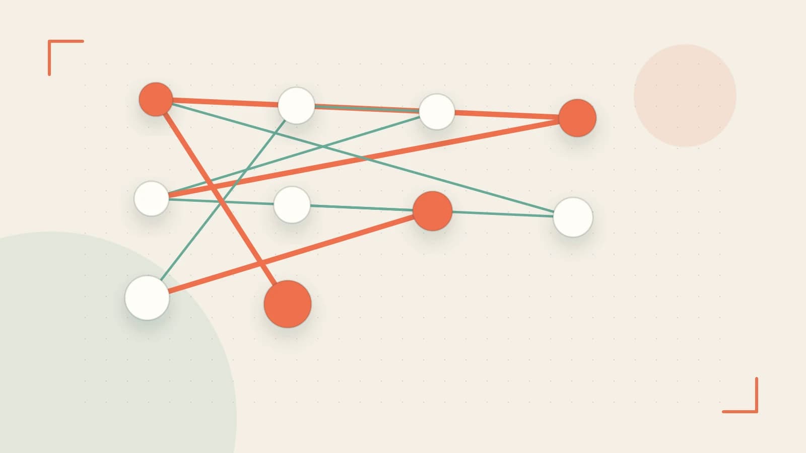 Editorial illustration of an algorithmic node graph with branching paths and a highlighted result