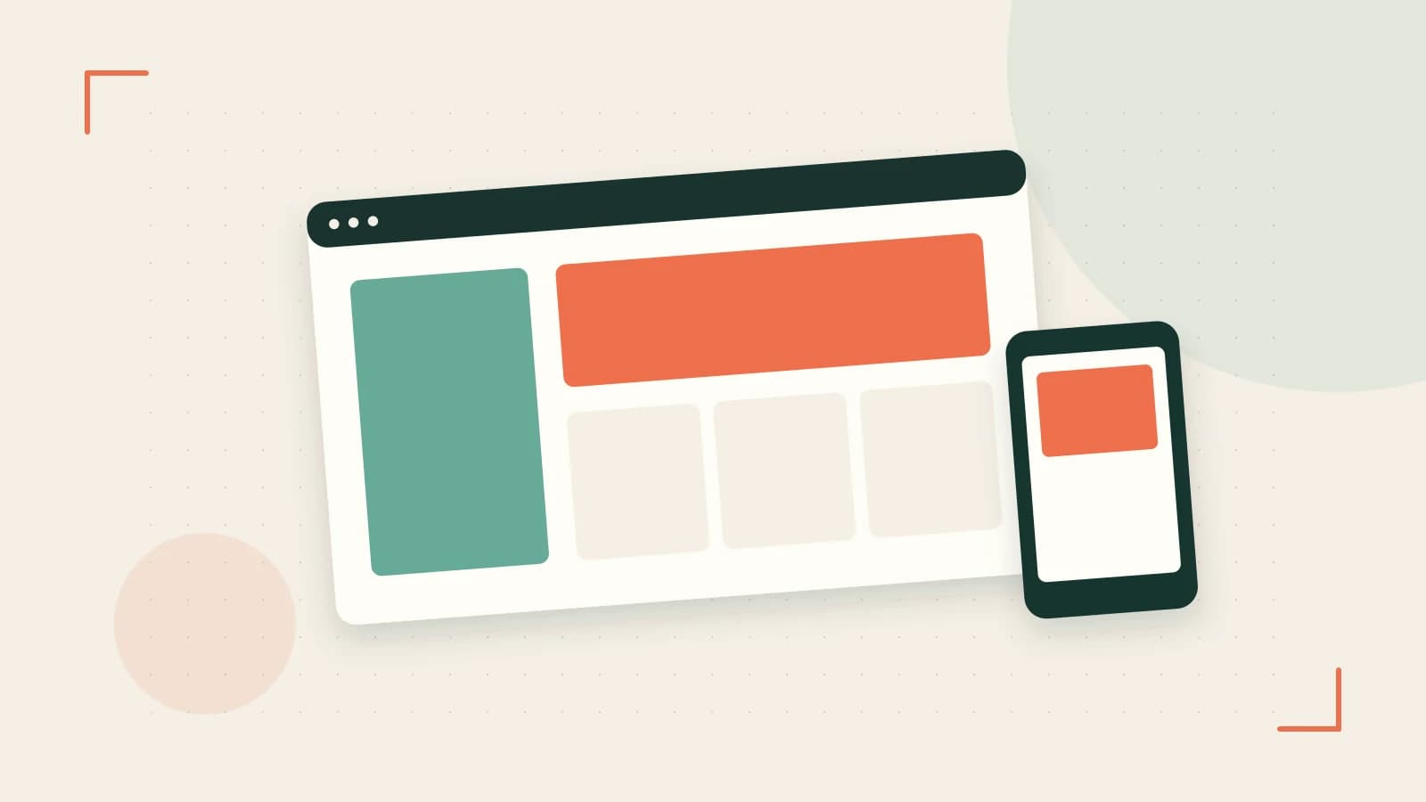 Editorial illustration of responsive browser layouts, overlapping design components and a color system