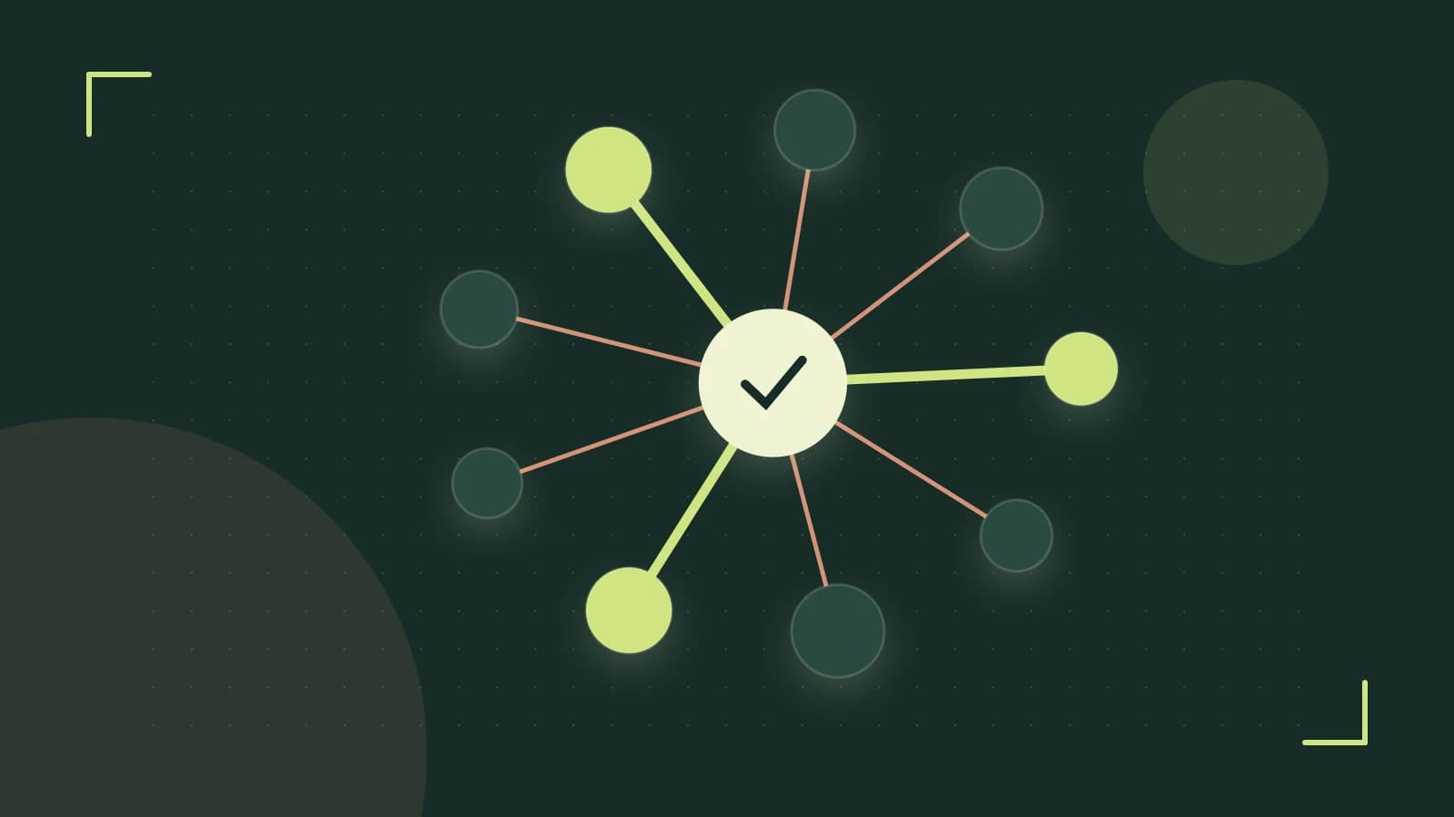 Editorial illustration of an algorithmic node graph with branching paths and a highlighted result