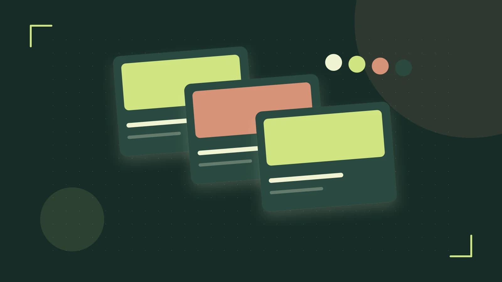 Editorial illustration of responsive browser layouts, overlapping design components and a color system