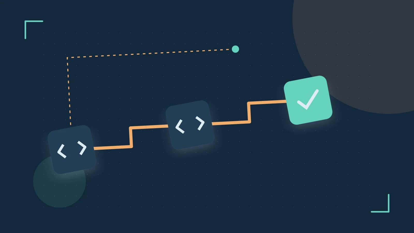 Editorial illustration of a branching build pipeline, staged transformations and a completed check