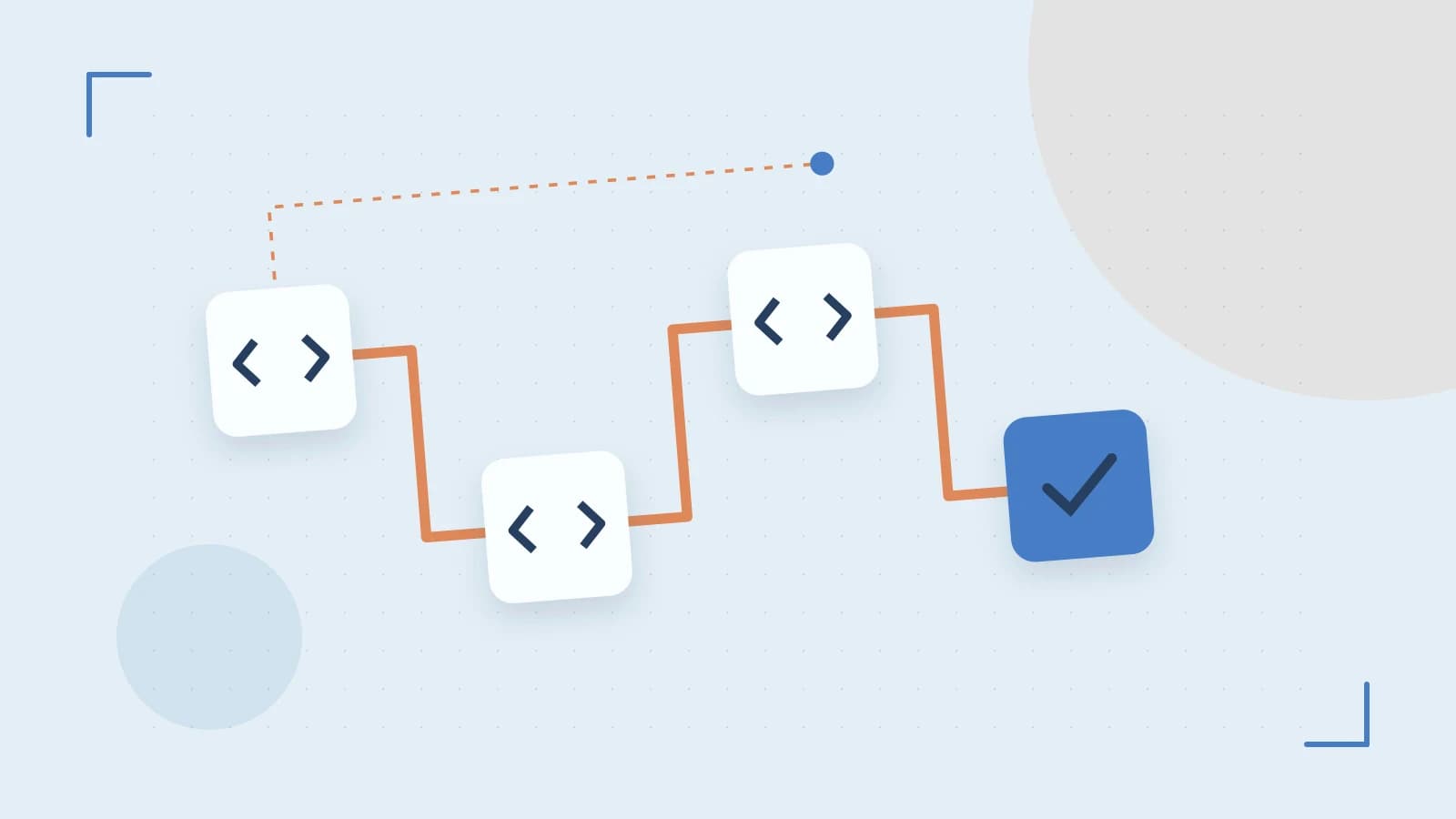Editorial illustration of a branching build pipeline, staged transformations and a completed check