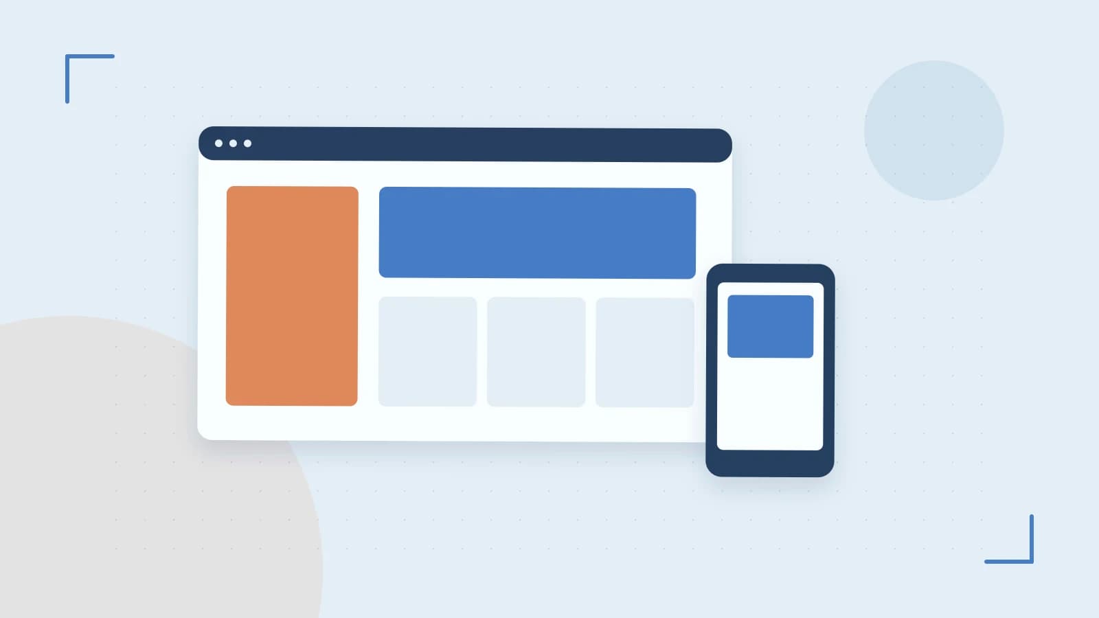 Editorial illustration of responsive browser layouts, overlapping design components and a color system