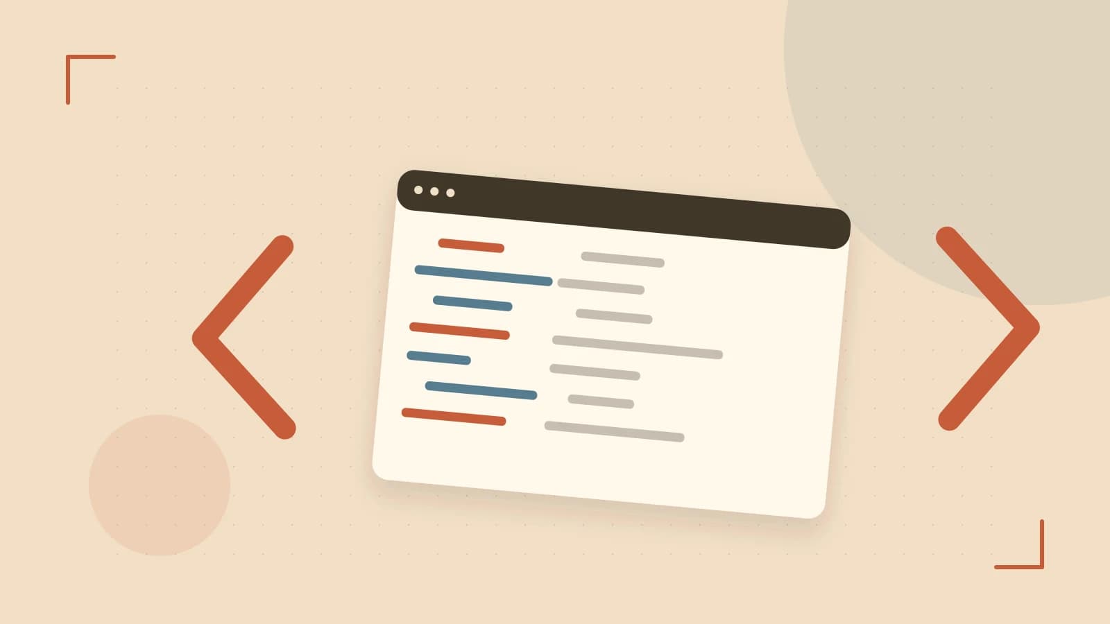 Editorial illustration of an abstract code editor, syntax blocks and oversized programming brackets