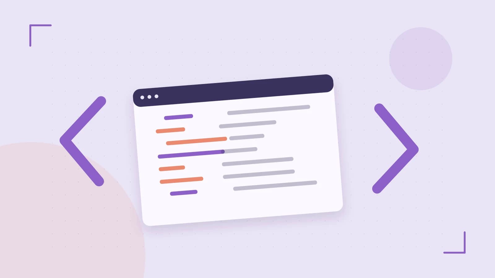 Editorial illustration of an abstract code editor, syntax blocks and oversized programming brackets