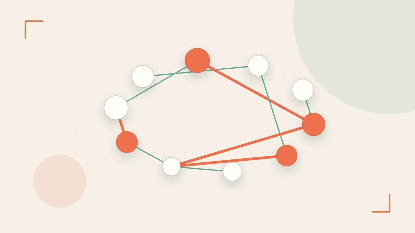 Editorial illustration of an algorithmic node graph with branching paths and a highlighted result