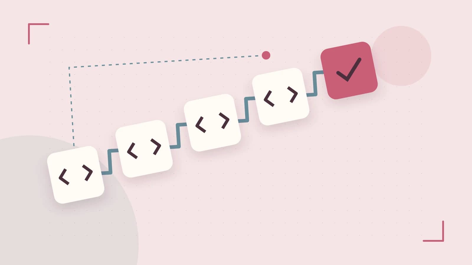 Editorial illustration of a branching build pipeline, staged transformations and a completed check
