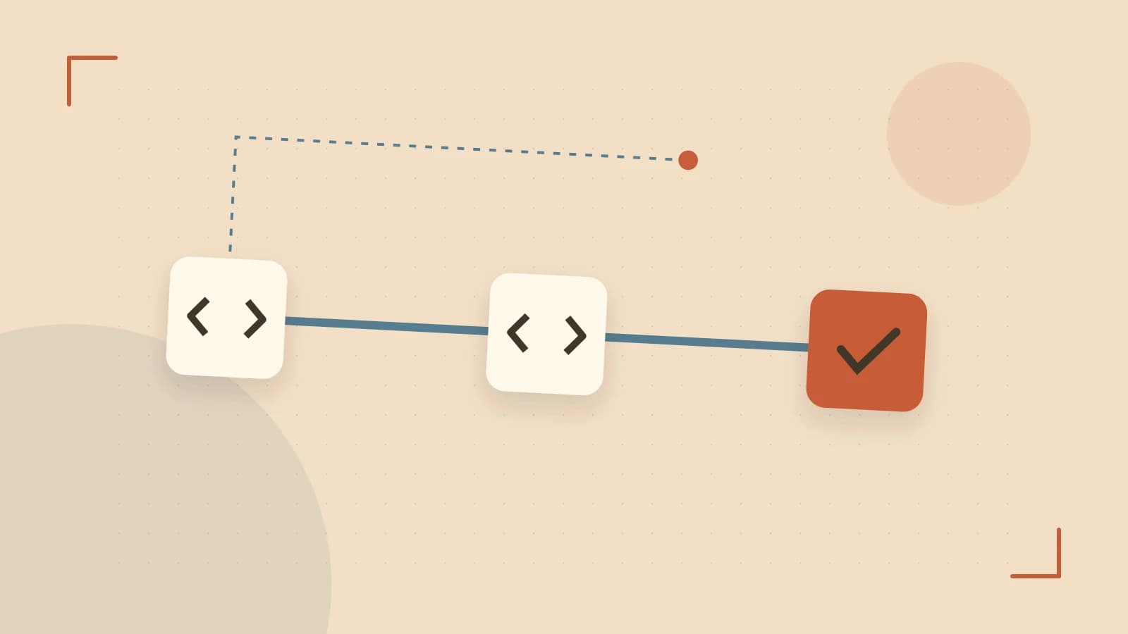 Editorial illustration of a branching build pipeline, staged transformations and a completed check
