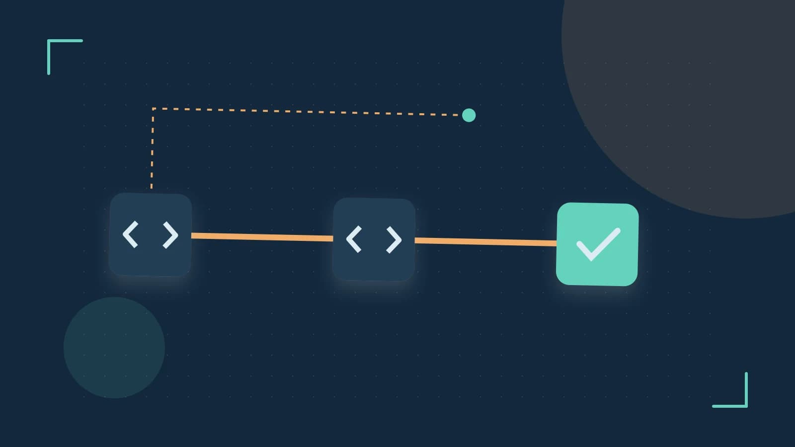 Editorial illustration of a branching build pipeline, staged transformations and a completed check