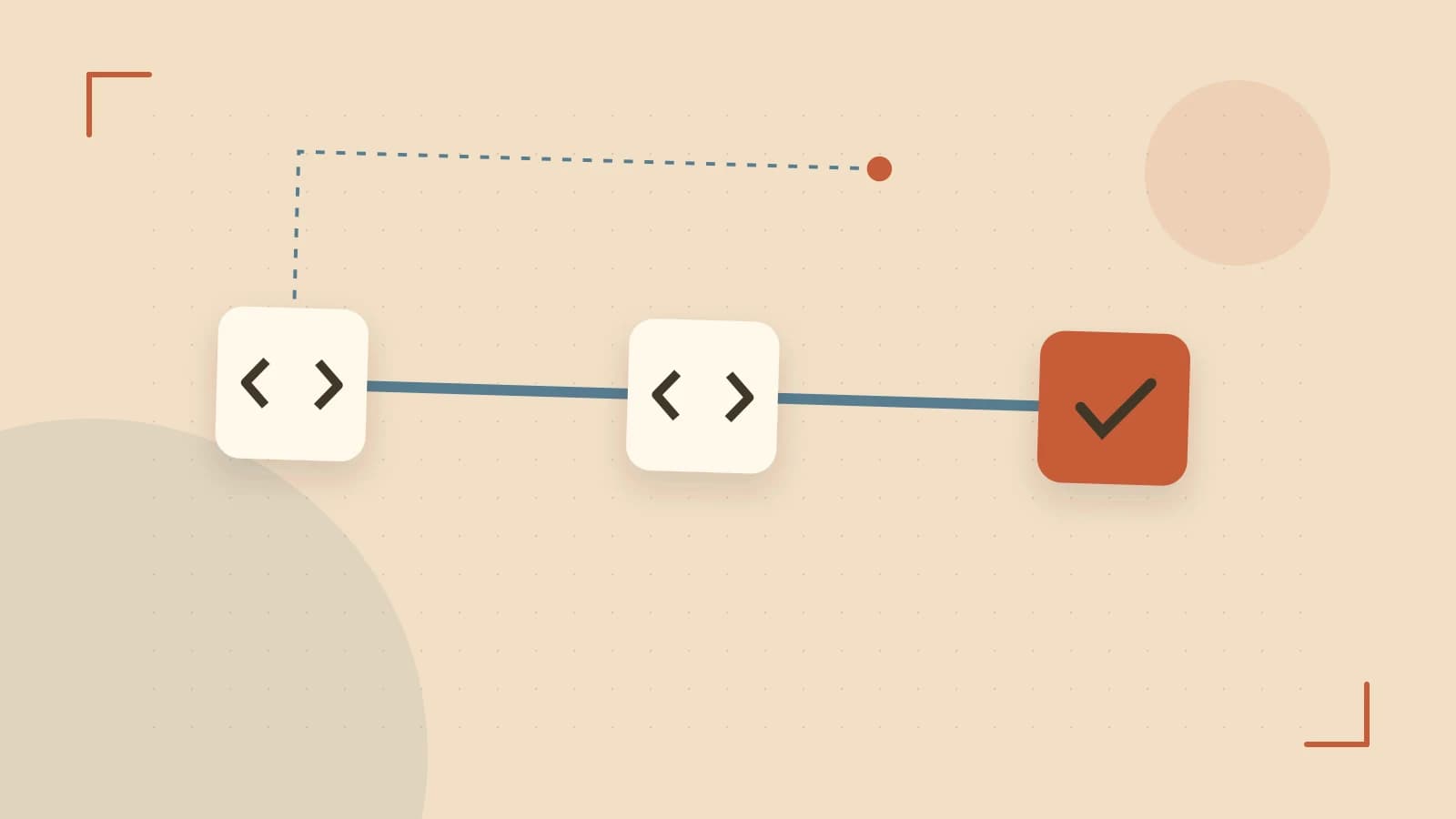 Editorial illustration of a branching build pipeline, staged transformations and a completed check